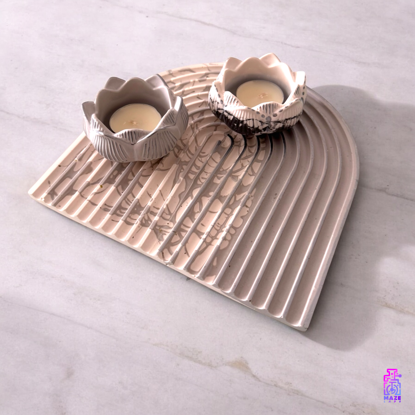 RAYA tray used as a candle holder tray, displayed on a vanity.