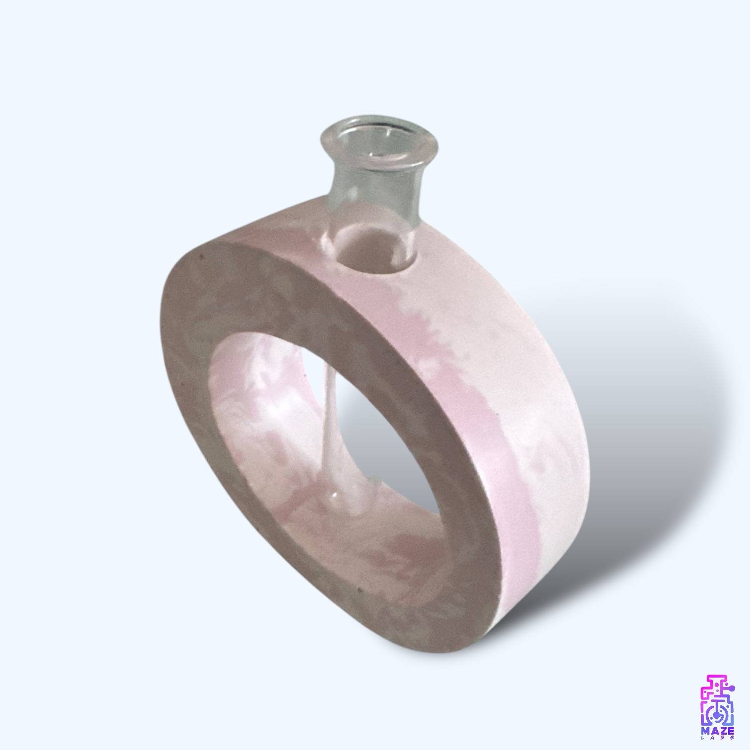 Angled view of the OHM vase, highlighting its modern circular structure and functional plastic tube insert for flowers.