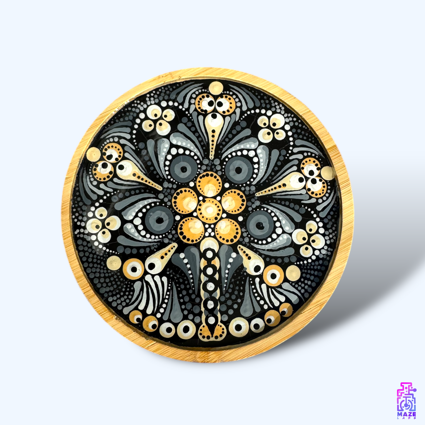 ROOT tray featuring a black and light brown mandala design, hand-painted on a bamboo wood base with UV resin finish.