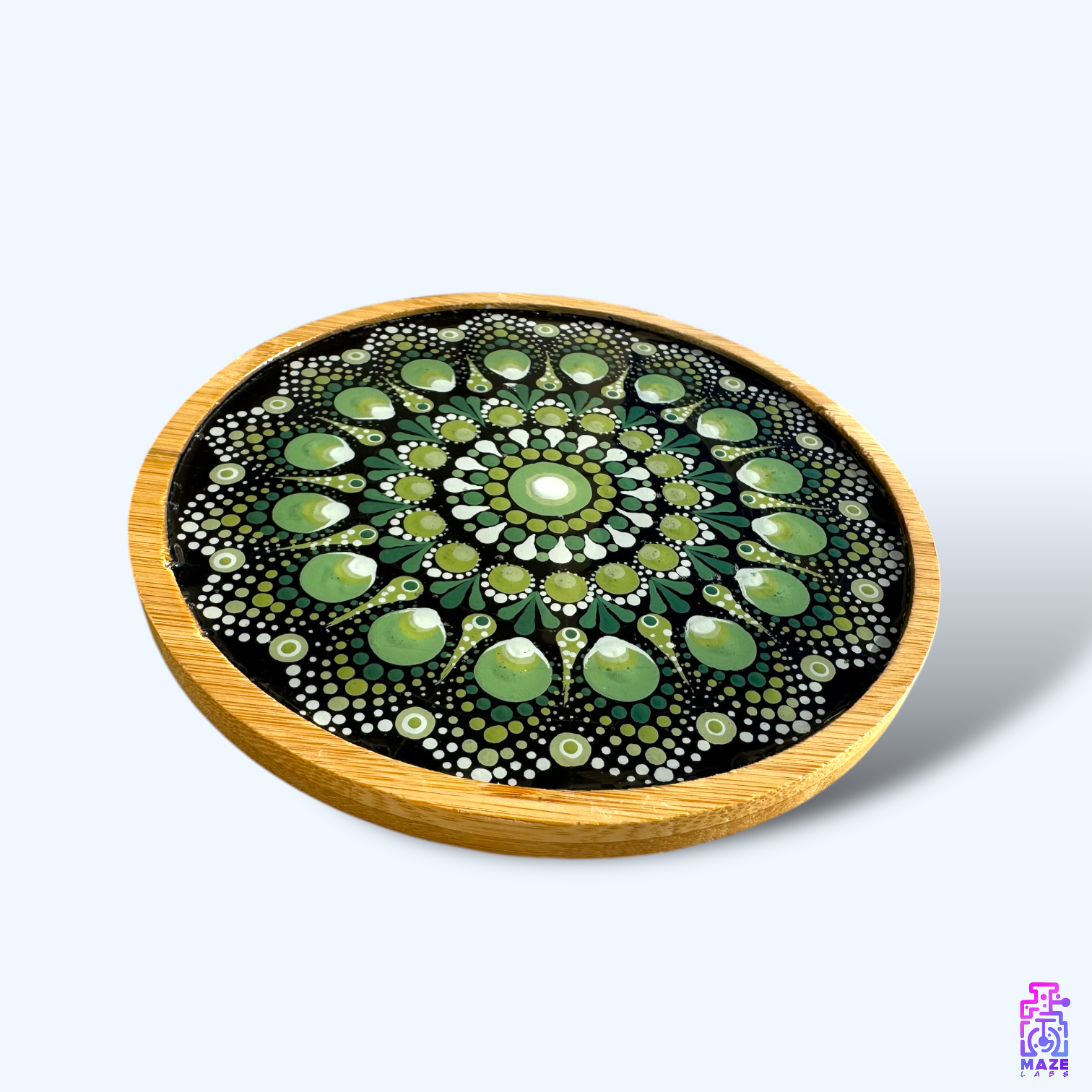 Side view of the ROOT tray, highlighting its sturdy bamboo rim and intricate hand-painted artwork.