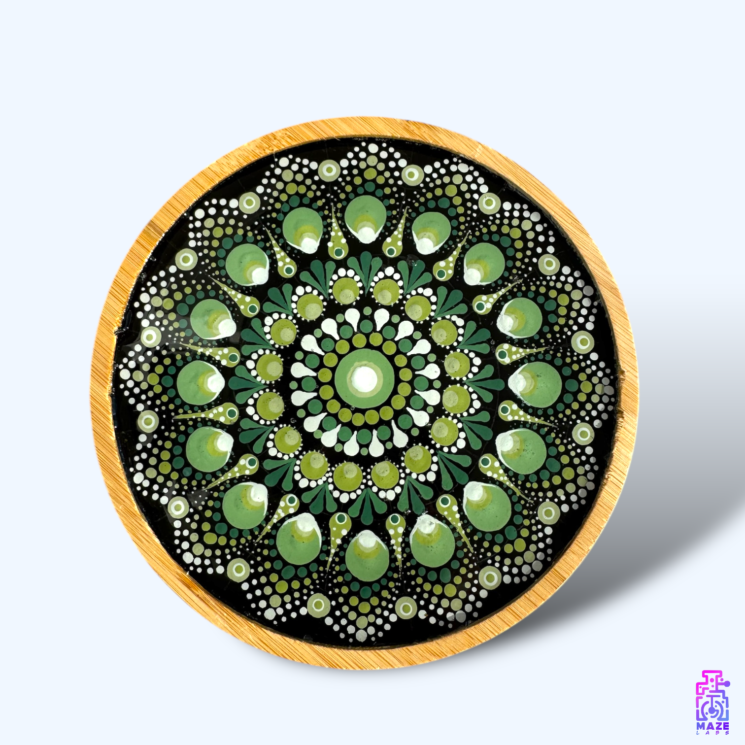 Top-down view of the ROOT wooden tray featuring an intricate green mandala hand-painted on a bamboo wood base, sealed with UV resin.